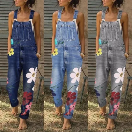Sommer lang jumpsuit - jeans romper - blomster print