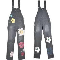 Macacão longo de verão - macacão jeans - flores estampadas