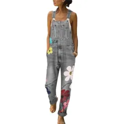 Macacão longo de verão - macacão jeans - flores estampadas