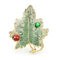 Luksusowa kryształowa broszka - czerwony chrząszcz / zielony liśćBroszki