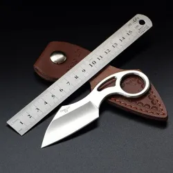 Petit couteau tactique - avec anneau - étui cuir - acier D2