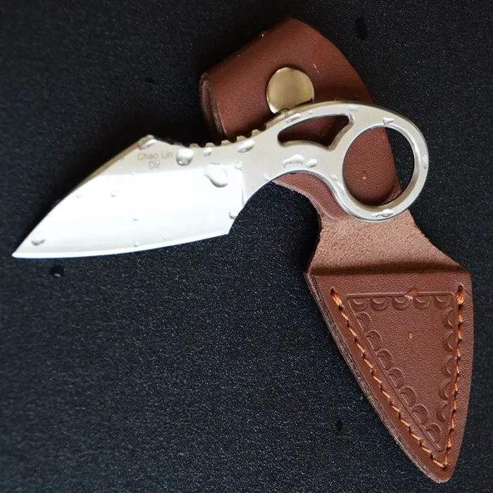 Taktisk liten kniv - med ring - läderfodral - D2 stål