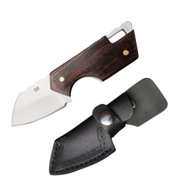 Mini foldable knife - stainless steel - wooden handle - with leather cover