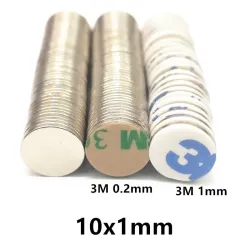 N42 - neodymmagnet - stark rund skiva - med 3M lim - 10mm x 1mm - 10 - 100 stycken