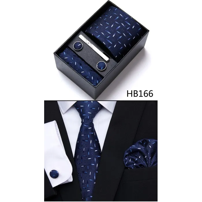 Elegant sidenset - slips - näsduk - manschettknappar - slipsklämma