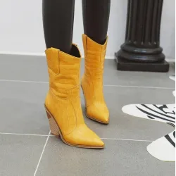 Botas de couro elegantes - metade do comprimento da panturrilha - salto de cunha grosso - estilo cowboy