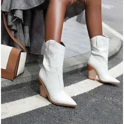 Botas de couro elegantes - metade do comprimento da panturrilha - salto de cunha grosso - estilo cowboy