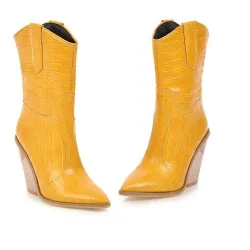 Botas de couro elegantes - metade do comprimento da panturrilha - salto de cunha grosso - estilo cowboy