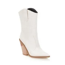 Botas de couro elegantes - metade do comprimento da panturrilha - salto de cunha grosso - estilo cowboy
