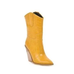 Botas de couro elegantes - metade do comprimento da panturrilha - salto de cunha grosso - estilo cowboy