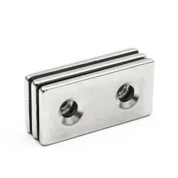 N35 - neodymmagnet - sterk blokk - 40 * 20 * 3mm - med dobbelt 5mm hull - 2 stk.