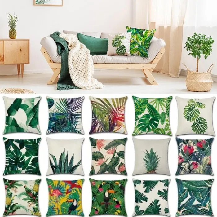 Housse de coussin déco - plantes tropicales - cactus - monstera - feuille de palmier verte - 45 cm * 45 cm