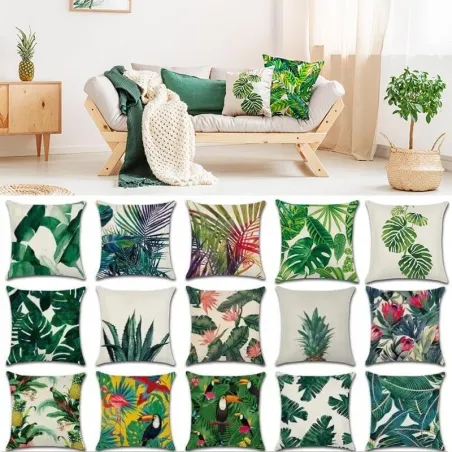 Housse de coussin déco - plantes tropicales - cactus - monstera - feuille de palmier verte - 45 cm * 45 cm