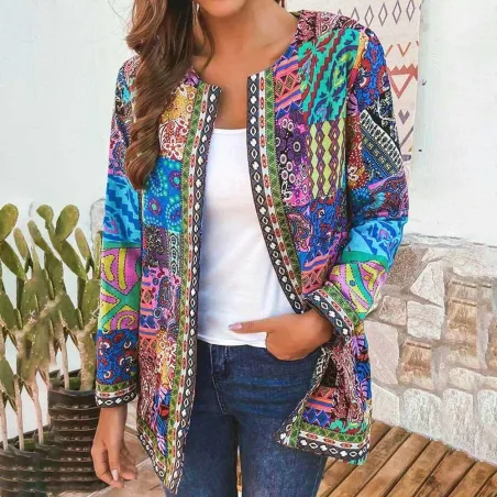 Fasjonabel løs cardigan - langermet sommerfrakk - etnisk blomstertrykk