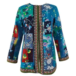 Fasjonabel løs cardigan - langermet sommerfrakk - etnisk blomstertrykk