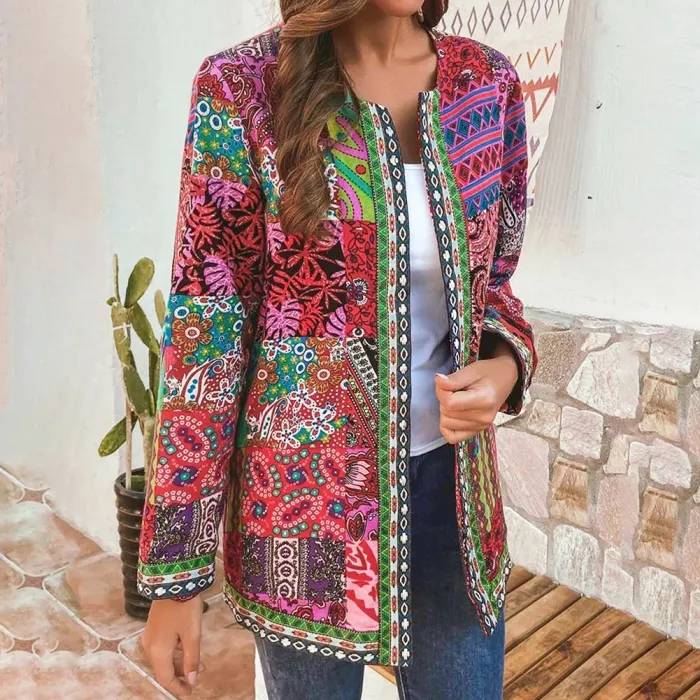 Fasjonabel løs cardigan - langermet sommerfrakk - etnisk blomstertrykk