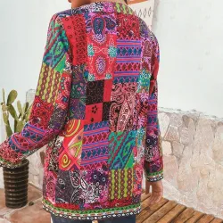 Modische lockere Strickjacke - langärmliger Sommermantel - ethnischer Blumendruck