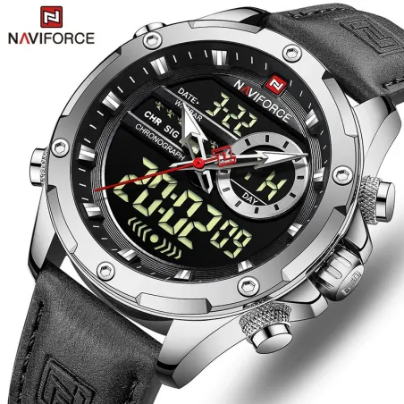 NAVIFORCE - sport - militær quartz ur - læderrem - LCD LED display - vandtæt