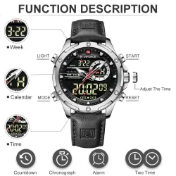 NAVIFORCE - sport - militär kvartsklocka - läderband - LCD LED-display - vattentät