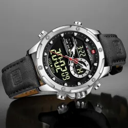 NAVIFORCE - sport - militær kvartsklokke - lærreim - LCD LED-skjerm - vanntett