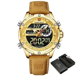 NAVIFORCE - sport - militär kvartsklocka - läderband - LCD LED-display - vattentät