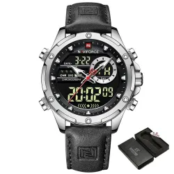 NAVIFORCE - sport - militær kvartsklokke - lærreim - LCD LED-skjerm - vanntett