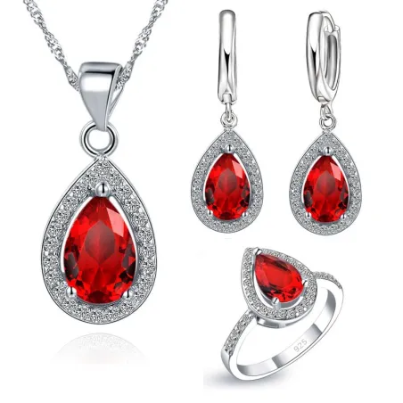 Luksuriøst smykkesett - vanndråpeformet cubic zirconia - halskjede - øredobber - ring