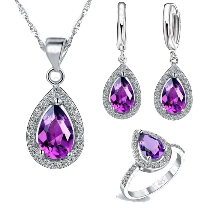 Luxuriöses Schmuckset – Wassertropfenförmiger Zirkonia – Halskette – Ohrringe – Ring