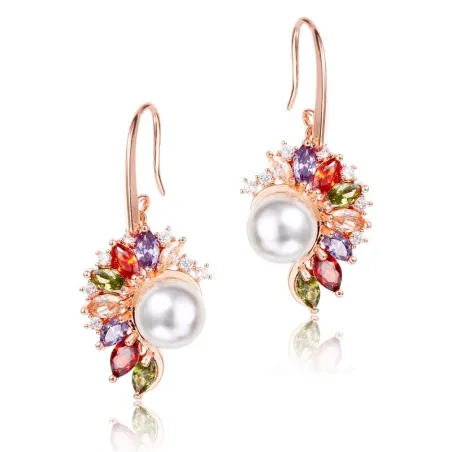 AretesPendientes elegantes de oro - perla - circonitas cúbicas de colores