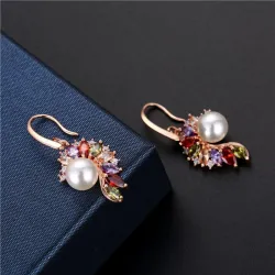 Elegant gold earrings - pearl - colorful cubic zirconiaEarrings