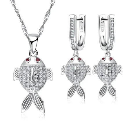 Stilig smykkesett - halskjede - øredobber - fisk med røde øyne - 925 sterling sølv - cubic zirconia