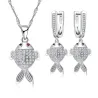 Stilig smykkesett - halskjede - øredobber - fisk med røde øyne - 925 sterling sølv - cubic zirconia