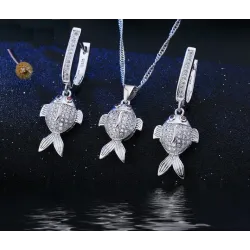 Snyggt smyckesset - halsband - örhängen - fisk med röda ögon - 925 sterling silver - cubic zirconia