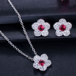 Komplet biżuterii w kształcie kwiatów - naszyjnik - kolczyki - cyrkoniaKomplety Biżuterii