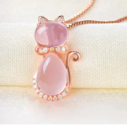 Collier élégant en or rose - pendentif en forme de chat - cristaux - opale rose