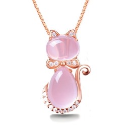 Stylowy naszyjnik z różowego złota - zawieszka w kształcie kota - kryształki - różowy opalNaszyjniki