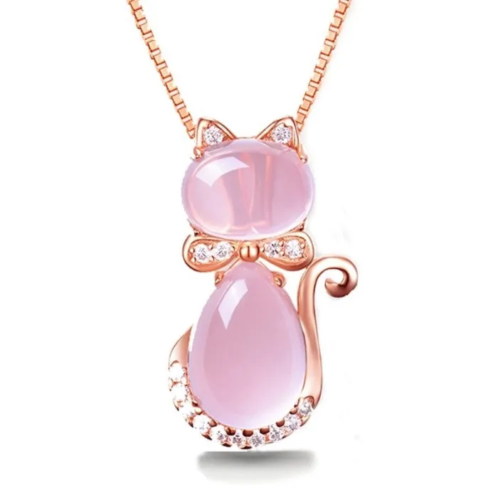 Stilig kjede i rosa gull - katteformet anheng - krystaller - rosa opal