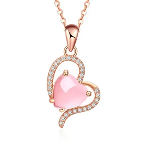 Elegant rosa guld halskæde - hjerteformet vedhæng - krystaller - pink opal