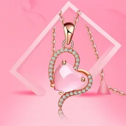 Elegant roséguld halsband - hjärtformat hänge - kristaller - rosa opal