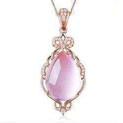 Elegant rosa gullkjede - vanndråpeformet anheng - krystaller - rosa opal