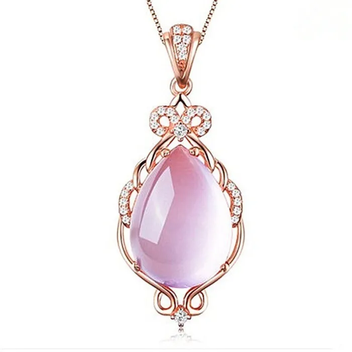 Collier élégant en or rose - pendentif en forme de goutte d'eau - cristaux - opale rose