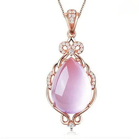 Collier élégant en or rose - pendentif en forme de goutte d'eau - cristaux - opale rose