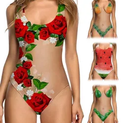 Seksikäs yksiosainen uimapuku - monokini - kukka- ja hedelmäprintti