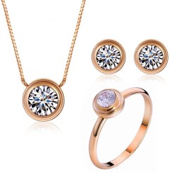 Conjunto de joias elegantes - colar de ouro rosa - brincos - anel - com zircônias redondas