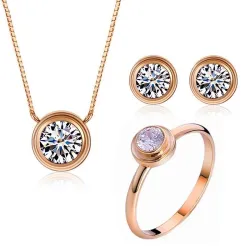 Elegant smykkesett - rosa gull halskjede - øredobber - ring - med runde zirkoner