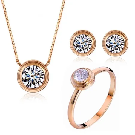 Elegant smykkesett - rosa gull halskjede - øredobber - ring - med runde zirkoner