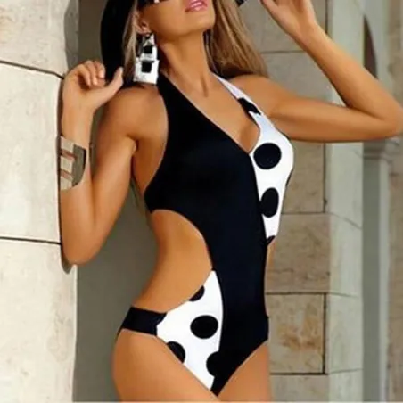 Sexy one piece swimsuit - black & white - polka dotBeachwear