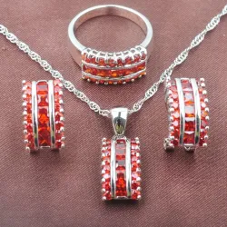 Elegante parure di gioielli - con zirconi rossi - collana - orecchini - anello