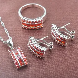 Ensemble de bijoux élégant - avec zircone rouge - collier - boucles d'oreilles - bague