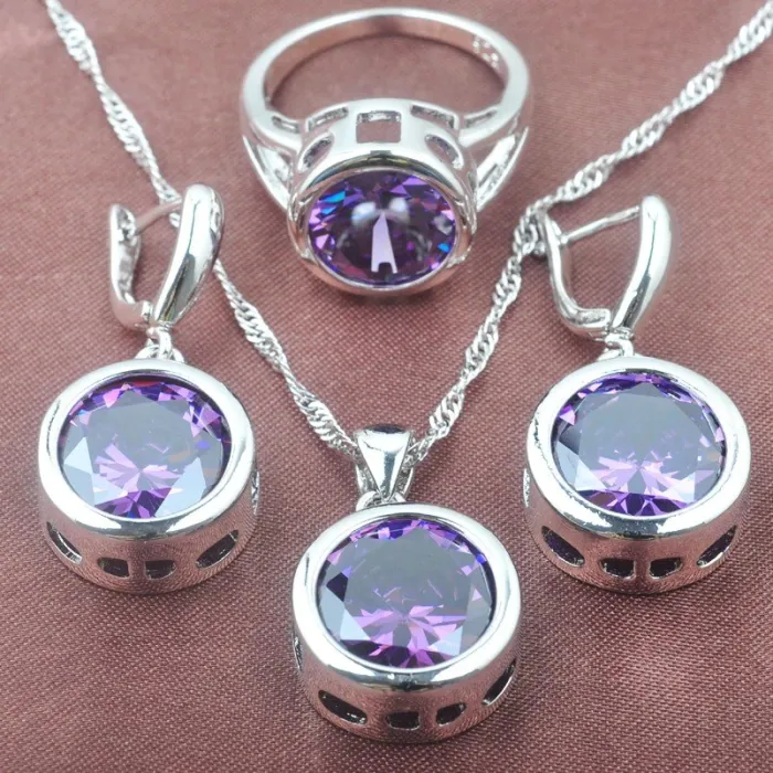 Modisches Silberschmuckset - mit rundem Zirkonia - Kette - Ohrringe - Ring